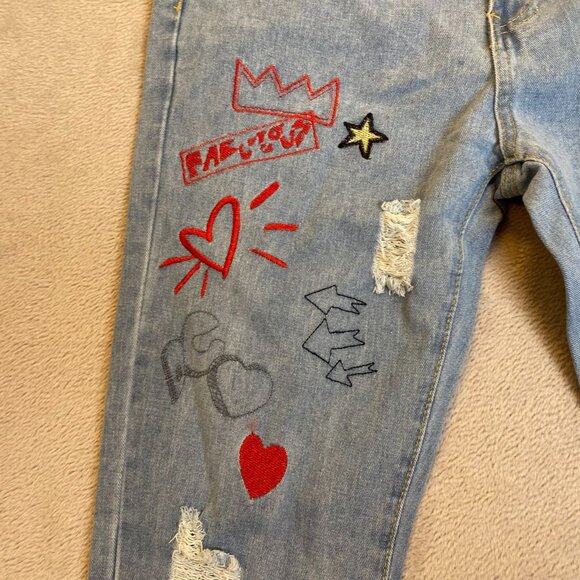 GB Design Woman's Jeans 32 With Embroidered Graphic Patches & Ripped Details - Picture 10 of 15